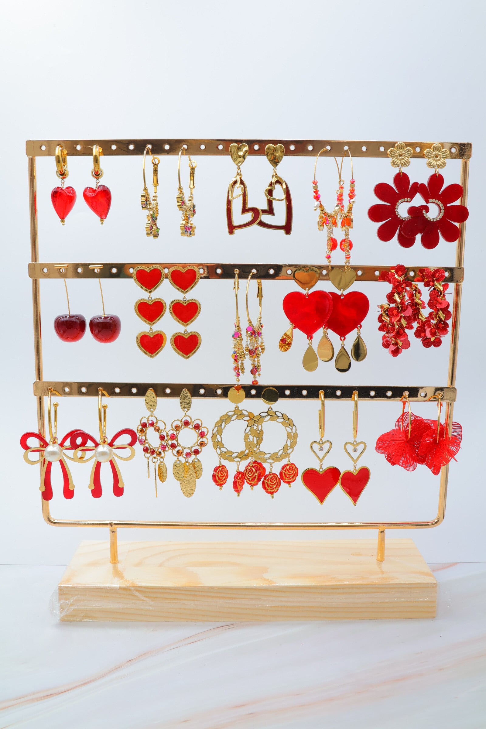 Lot de 15 paires de boucles d'oreilles avec présentoir - ROUGE