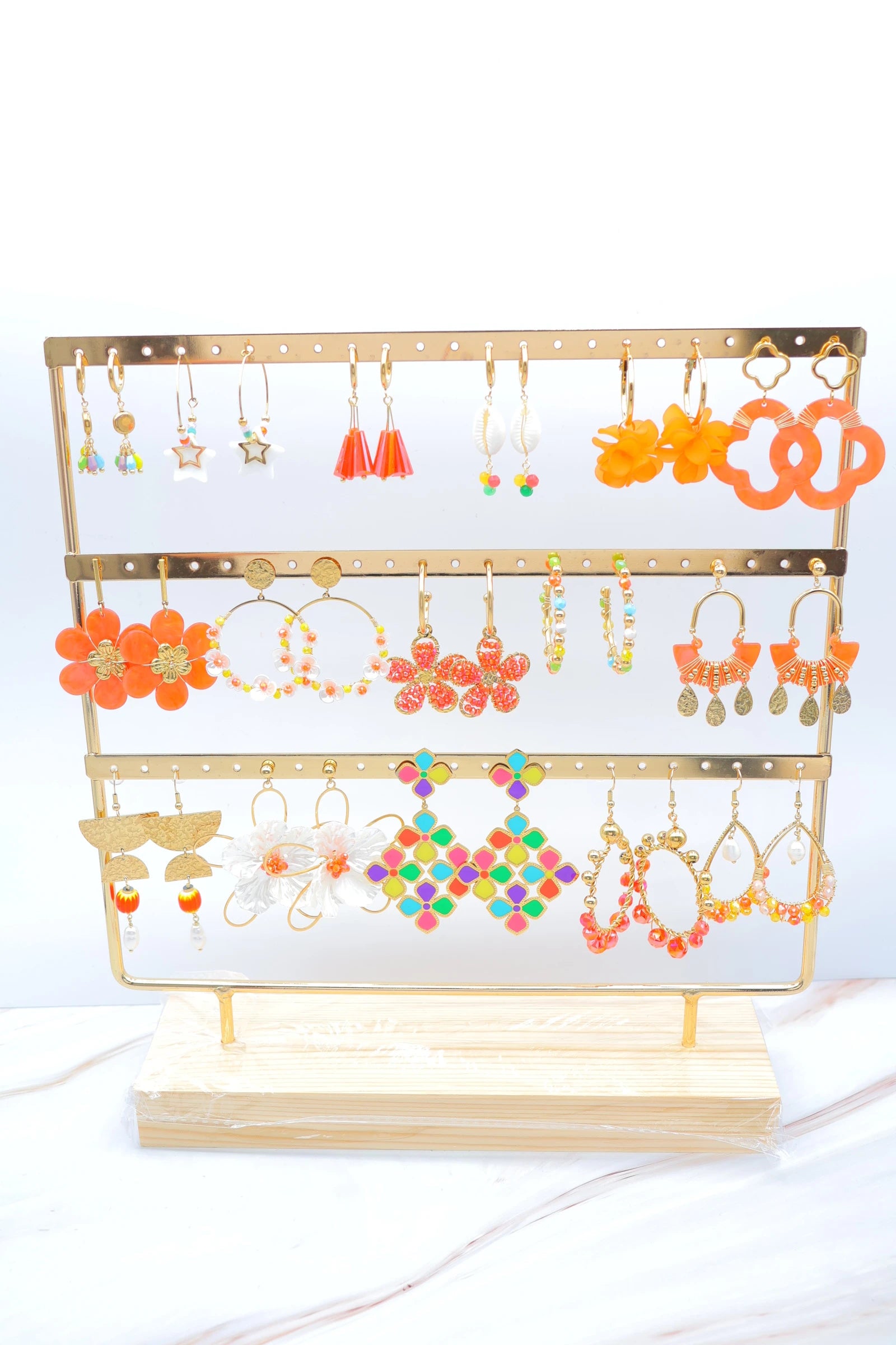 Lot de 16 paires de boucles d'oreilles avec présentoir - ORANGE