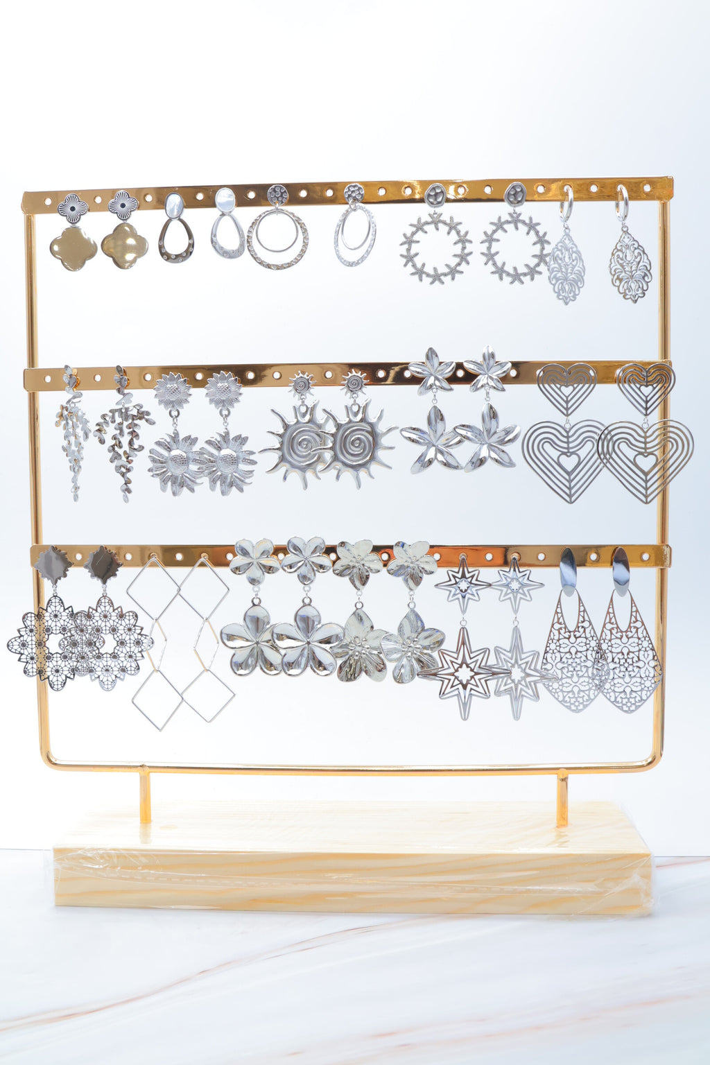 Lot de 16 paires de boucles d'oreilles avec présentoir - ARGENT