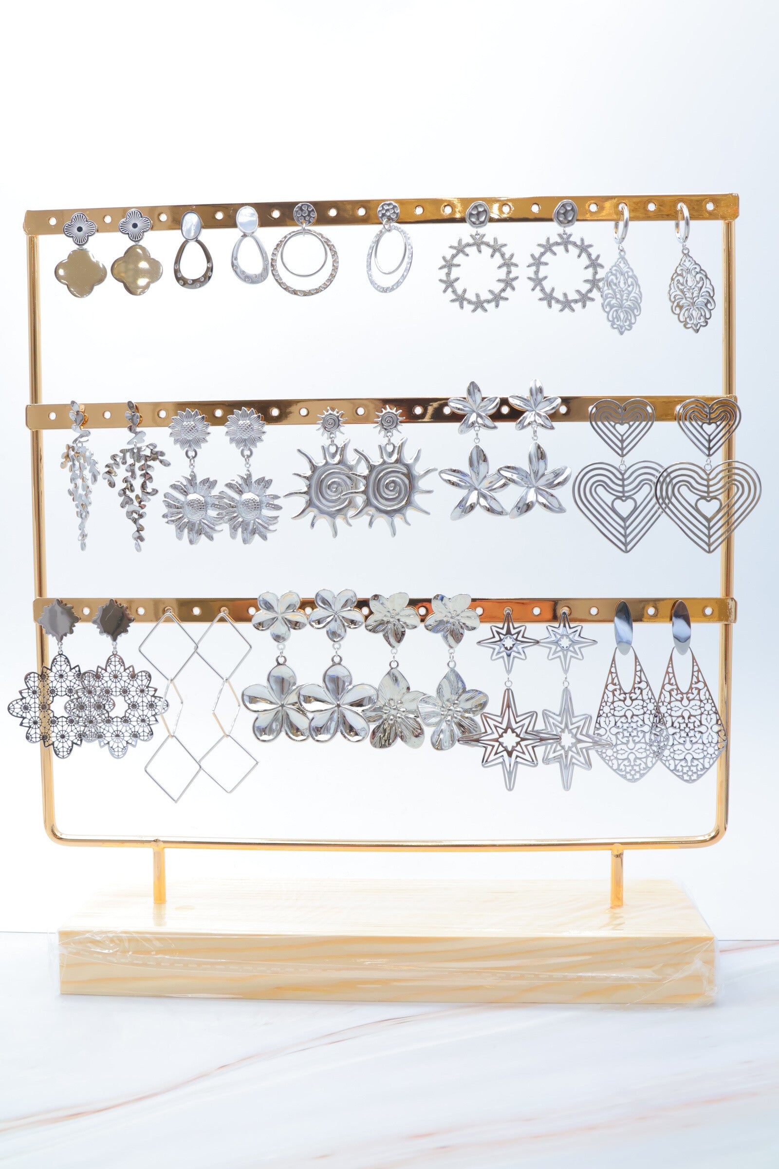 Lot de 16 paires de boucles d'oreilles avec présentoir - ARGENT